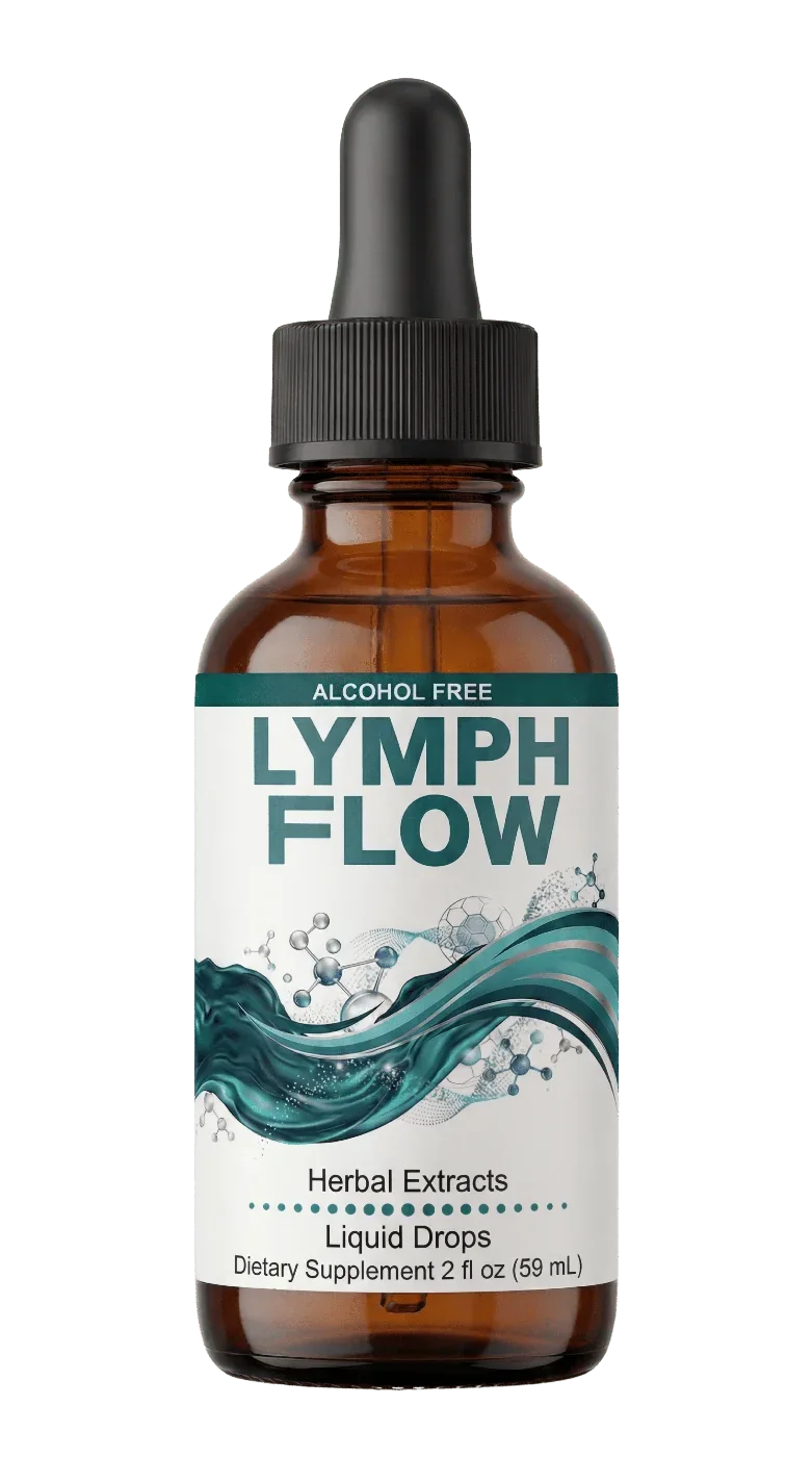 The Lymph Flow bottle: amber glass with a black dropper cap and a white label reading ALCOHOL FREE, LYMPH FLOW, Herbal Extracts, Liquid Drops, Dietary Supplement 2 fl oz (59 mL).